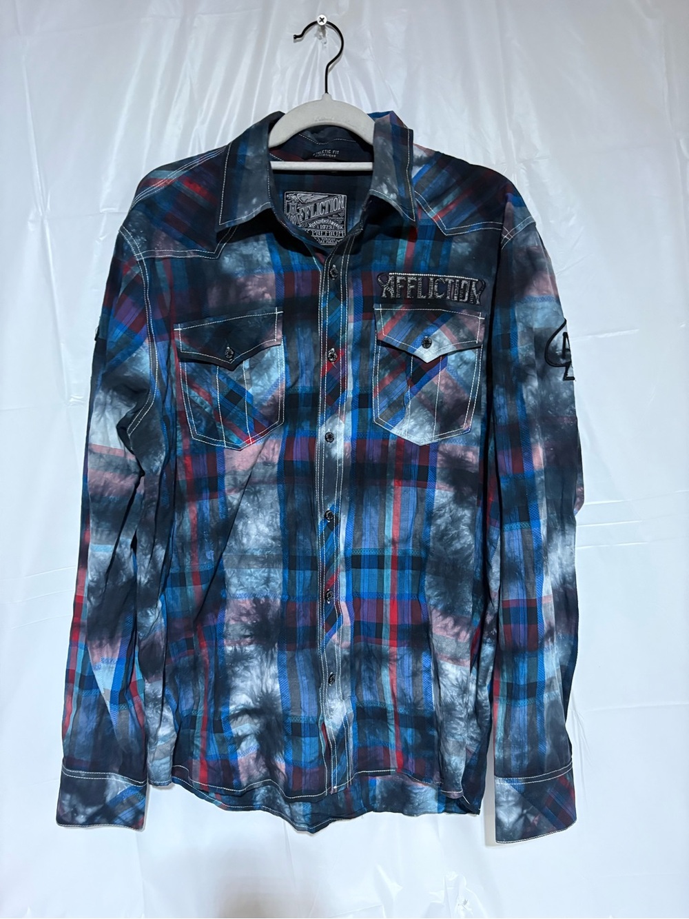 Affliction Blue and Black Plaid Tie-Dye Button Shirt Jacket